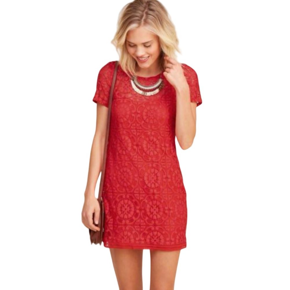 Hollister Red Lace Short Sleeve Bodycon Scoop Neck Mini Dress